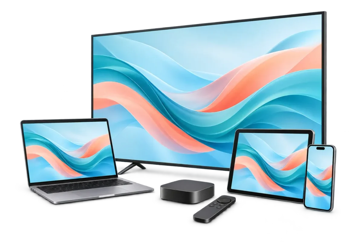 A television, laptop, tablet, phone and streaming box